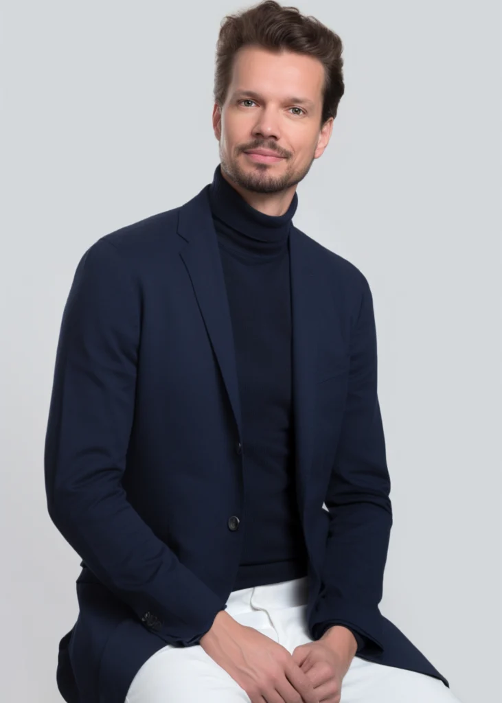 Zittende Thijs van Houten in blauwe colbert en blauwe coltrui